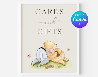 Cartello per biglietti e regali. Cartelli classici di Winnie the Pooh per baby shower. Cartello "Lasciate i vostri biglietti". Download digitale stampabile neutro per maschietti e femminucce N1