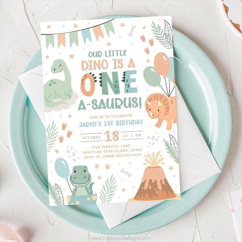 Pastel Dinosaur Birthday Invitation. One Cute Baby Dino 1st Birthday Invite. Printable Greenery Boy Modern Digital Kid First Party Theme.