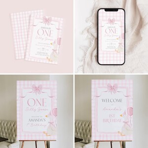 One Silly Goose Birthday Bundle Editable Pink Bow Goose Party Set Girls Coquette Gingham Decor Printable 1 Year Old Birthday Baby Package G7