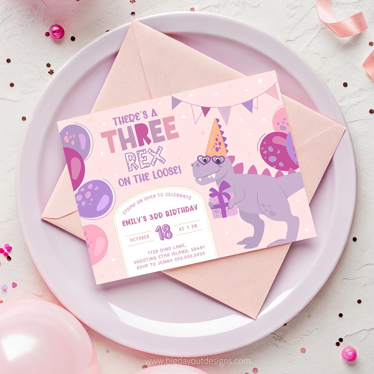 Three Rex Girl Invitation. T-Rex 3rd Birthday Invite. Printable Dinosaur Third Birthday. Kids Pink Dino Party. Editable Digital Download. D5