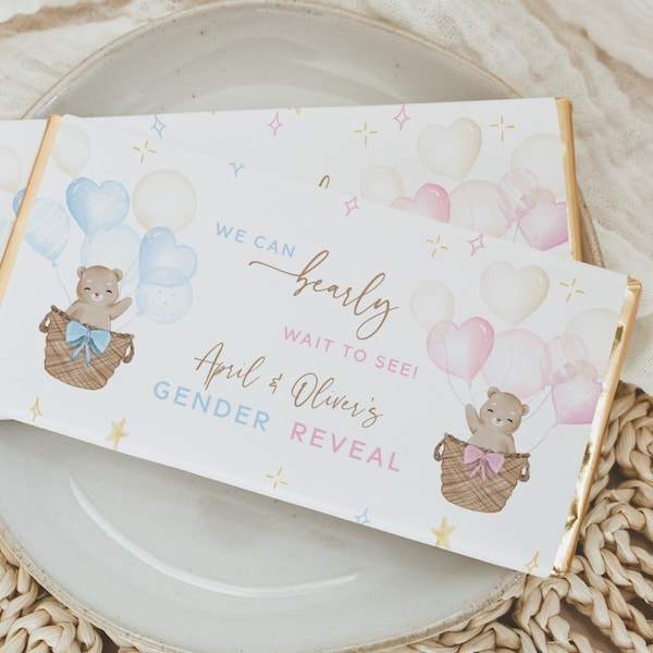 We can Bearly Wait Gender Reveal Hershey Bar Wrapper. Teddy Bear in Hot Air Balloon Chocolate Wrapper. Candy Bar Labels Favors for Guests T1