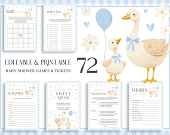 Silly Goose Baby Shower Games. Mother Goose Game Bundle. Blue Gingham Little Goose Party Game Set, Downloadable Editable Fun Activities. G2