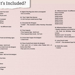 May include: A list of included items for a birthday party, with the title "What's Included?" The list includes invitations, welcome signs, favor tags, water bottle labels, cake toppers, a happy birthday banner, and more. Sizes are listed in inches.