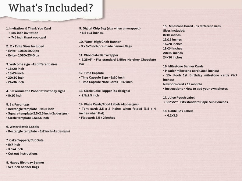 May include: A list of included items for a birthday party, with the title "What's Included?" The list includes invitations, welcome signs, favor tags, water bottle labels, cake toppers, a happy birthday banner, and more. Sizes are listed in inches.