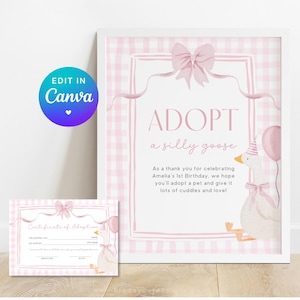 Adopt a Goose Sign Editable Adoption Certificate One Silly Goose Party Favor Printable 1st Birthday Decor Gingham Coquette Theme Template G7