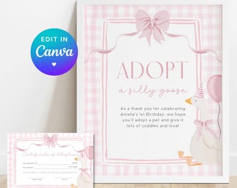 Adopt a Goose Sign Editable Adoption Certificate One Silly Goose Party Favor Printable 1st Birthday Decor Gingham Coquette Theme Template G7
