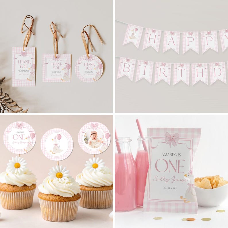 One Silly Goose Birthday Bundle Editable Pink Bow Goose Party Set Girls Coquette Gingham Decor Printable 1 Year Old Birthday Baby Package G7