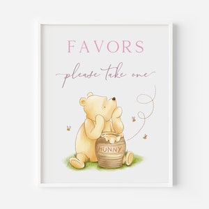 Classic Winnie the Pooh Favors Sign. Baby Shower Decor. Vintage Winnie Baby Girl Theme. Pink Printable Signage For Girl Baby Shower. G1