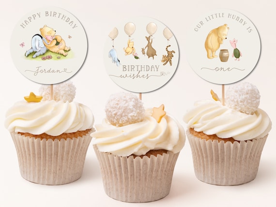 Pooh 1st Birthday Custom Cupcake Toppers. Classic Winnie the Pooh First Birthday Party Favors. Printable Cake Picks Gender Neutral Decor. B2