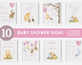 Classic Winnie the Pooh Baby Shower Decorations. Girl Balloon Decor Sign Template Bundle. Vintage Bear Pink Photo Guestbook Diaper Raffle G1