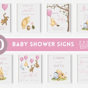 Classic Winnie the Pooh Baby Shower Decorations. Girl Balloon Decor Sign Template Bundle. Vintage Bear Pink Photo Guestbook Diaper Raffle G1