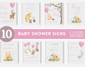 Classic Winnie the Pooh Baby Shower Decorations. Girl Balloon Decor Sign Template Bundle. Vintage Bear Pink Photo Guestbook Diaper Raffle G1