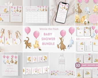 Customizable Pooh Girl Baby Shower Bundle. Vintage Winnie Pink Balloon Baby Shower Set. Instant Templates Package. DIY Games Invite Sign. G1