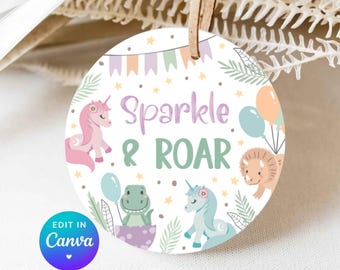 Unicorn and Dinosaur Party Favor Tag Printable Joint Birthday Gift Tag Personalized Editable Thank You Label Theme Decor Digital Download D1