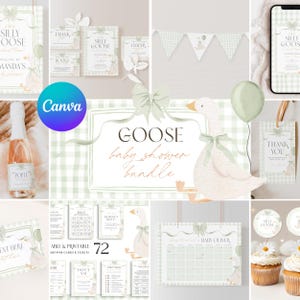 Silly Goose Baby Shower Bundle Gender Neutral Gingham Goose Invite Editable Games Set Sage Green Bow Party Decoration Printable Templates O1