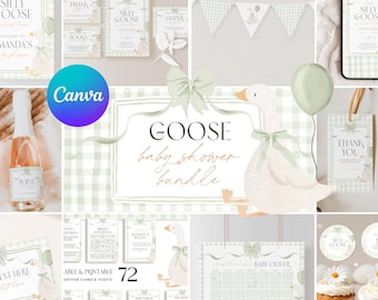 Silly Goose Baby Shower Bundle Gender Neutral Gingham Goose Invite Editable Games Set Sage Green Bow Party Decoration Printable Templates O1