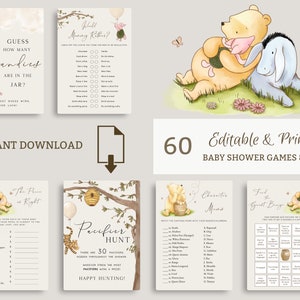 Winnie the Pooh Baby Shower Games Bundle. Classic Gender Neutral Bingo Printable Card Vintage Winnie Bear Digital Game. Girl Boy Activity N1 image 1