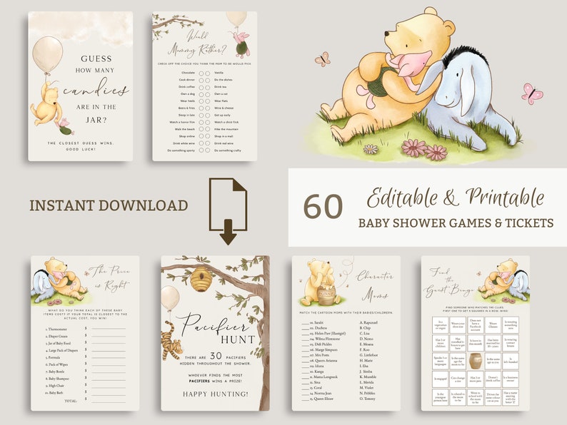 Winnie the Pooh Baby Shower Games Bundle. Classic Gender Neutral Bingo Printable Card Vintage Winnie Bear Digital Game. Girl Boy Activity N1 image 1