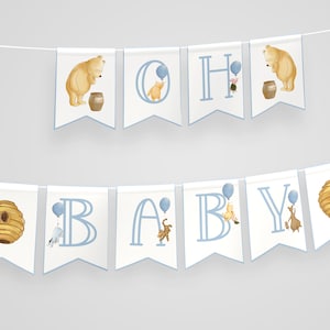 Winnie the Pooh Baby Shower Banner Decorations Boy. Custom Party Banner. Editable Classic Pooh Bear Balloons Garland. Personalized Banner