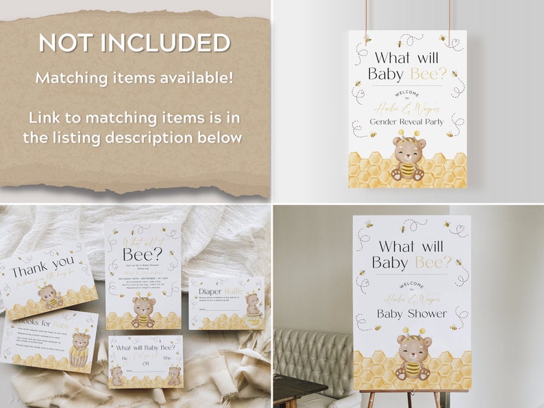 May include: A set of printable baby shower signs with a bee theme. The signs feature a cute cartoon bee with a honeycomb background. The text on the signs reads "What will Baby Bee?" and "Welcome to Baby Shower".