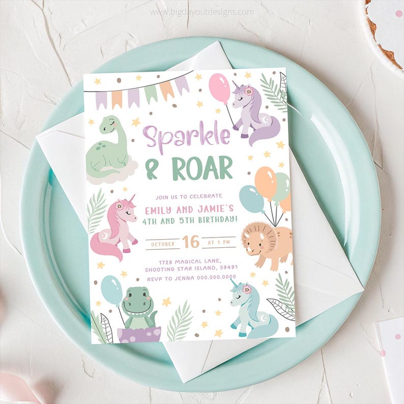 Unicorn and Dinosaur Invitation