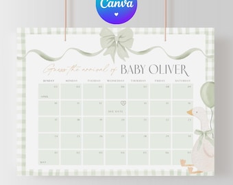 Silly Goose Due Date Calendar. Mother Goose Sign, Editable Game, Guess Baby's Birth Date, Downloadable Template, Fun Baby Prediction Sign O1