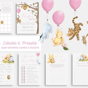 Pooh Girl Baby Shower Games Bundle. Editable Winnie the Pooh Fun Game Package. Modern Boho Game Set. Custom Pink Instant Digital Template G1