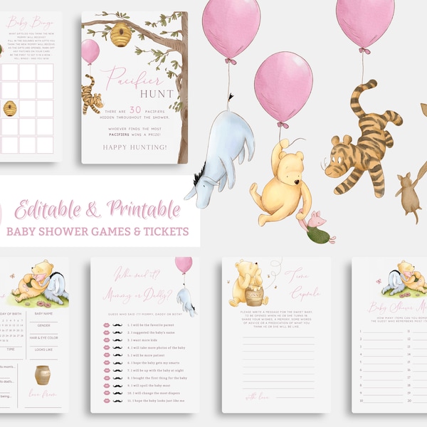 Pooh Girl Baby Shower Games Bundle. Editable Winnie the Pooh Fun Game Package. Modern Boho Game Set. Custom Pink Instant Digital Template G1