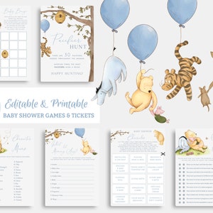 Puede incluir: Un conjunto de juegos de baby shower imprimibles con personajes de Winnie the Pooh. Los juegos incluyen "Baby Bingo", "Estado de ánimo del personaje", "¿Qué está diciendo mamá?", "Charadas de baby shower" y "¿Más o menos?" Los juegos están diseñados en un esquema de color azul y blanco con ilustraciones de acuarela de Winnie the Pooh, Piglet, Tigger y Eeyore.