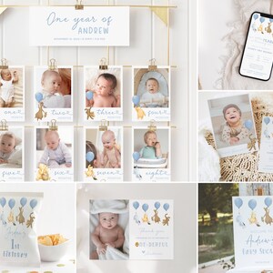 May include: A collection of baby shower and first birthday party decorations. Includes a photo display with monthly baby photos, invitations, a welcome sign, and snack bags. The designs feature illustrations of Winnie the Pooh characters and blue balloons.