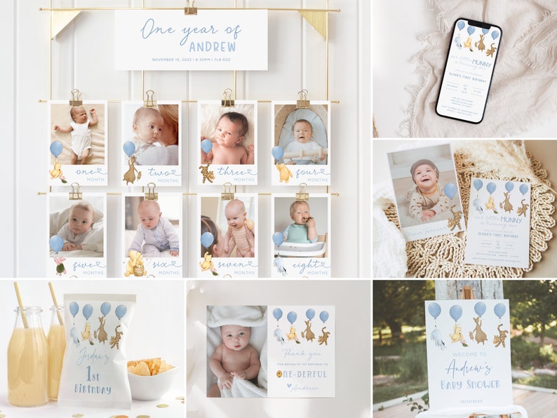 May include: A collection of baby shower and first birthday party decorations. Includes a photo display with monthly baby photos, invitations, a welcome sign, and snack bags. The designs feature illustrations of Winnie the Pooh characters and blue balloons.