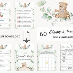 Teddy Bear Baby Shower Games. Boy Baby Shower Games Bundle. Editable We can Bearly Wait Activity. Find the Guest Bingo Family Fued Cards. T4