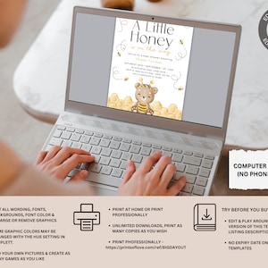 May include: Editable template for a baby shower invitation with a cute cartoon bee and honeycomb design. The text reads "A Little Honey is on the way".