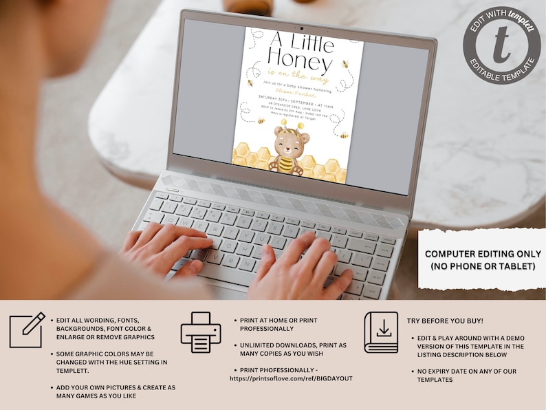 May include: Editable template for a baby shower invitation with a cute cartoon bee and honeycomb design. The text reads "A Little Honey is on the way".