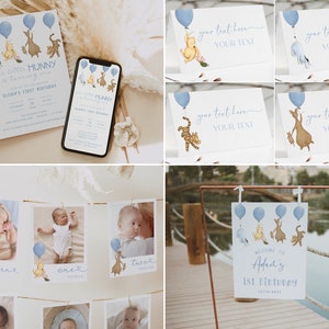 May include: A collection of baby shower and first birthday party decorations. Includes invitations, place cards, and photo displays featuring Winnie the Pooh characters and blue balloons. The invitation reads "Our little Hunny is turning one."