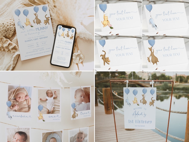 May include: A collection of baby shower and first birthday party decorations. Includes invitations, place cards, and photo displays featuring Winnie the Pooh characters and blue balloons. The invitation reads "Our little Hunny is turning one."