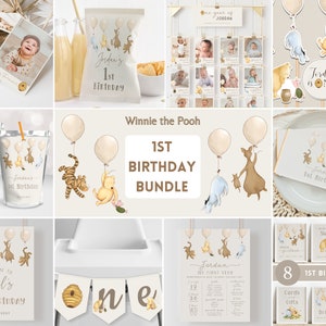 Classic Winnie the Pooh 1st Birthday Bundle. Vintage Pooh Decoration Package. Girl & Boy First Birthday Decor Neutral Pooh Party Supplies B2