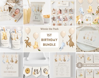 Classic Winnie the Pooh 1st Birthday Bundle. Vintage Pooh Decoration Package. Girl & Boy First Birthday Decor Neutral Pooh Party Supplies B2