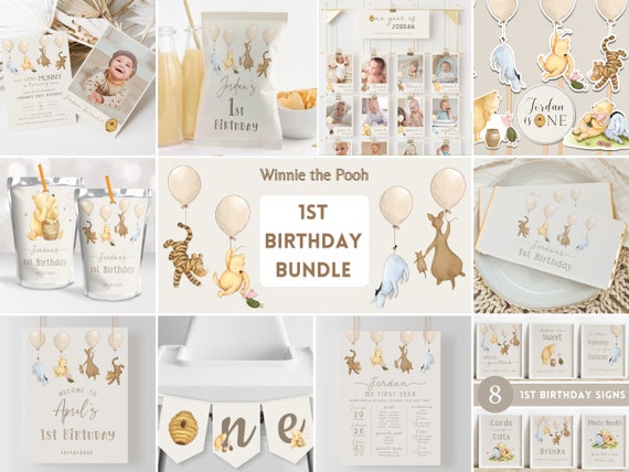 Classic Winnie the Pooh 1st Birthday Bundle. Vintage Pooh Decoration Package. Girl & Boy First Birthday Decor Neutral Pooh Party Supplies B2