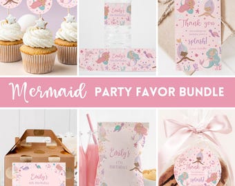 May include: A mermaid party favor bundle with pink and purple colors. The bundle includes cupcake toppers, water bottle labels, favor bags, thank you tags, and treat bags. The text on the labels says "Emily's 4th Birthday".