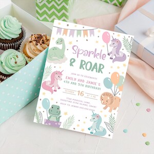 Unicorn and Dinosaur Invitations Joint Birthday Party