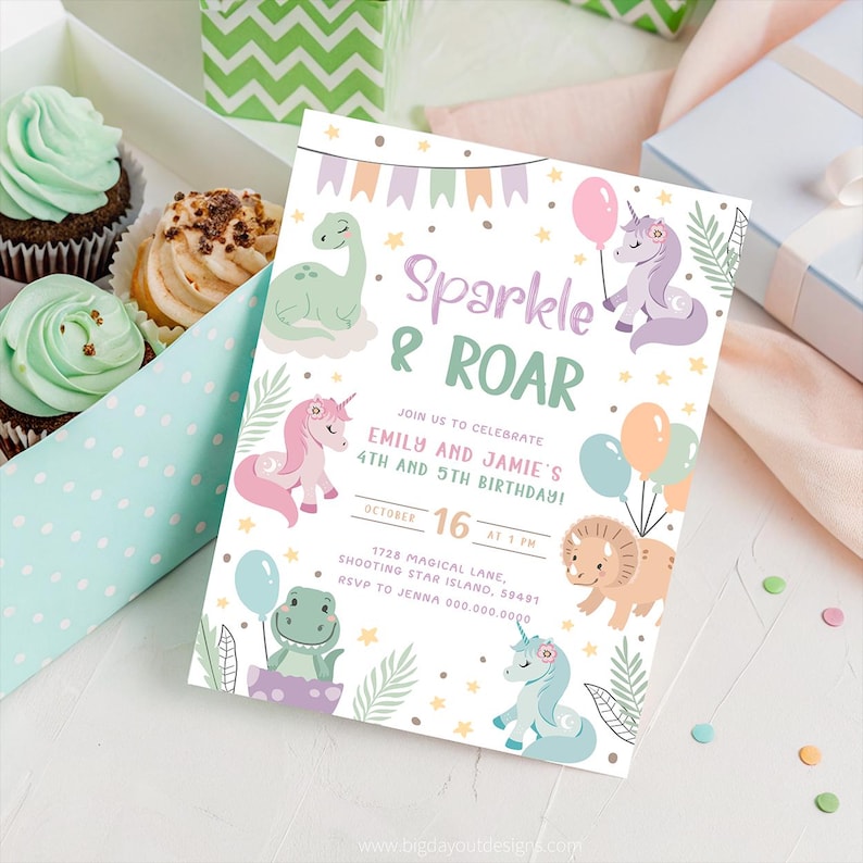 Unicorn and Dinosaur Invitations Joint Birthday Party