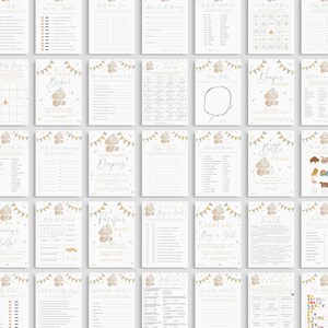 Op de afbeelding: Een set van 20 afdrukbare babyborrelspelkaarten met een schattige beerillustratie in een lichtblauw, grijs en gouden kleurenschema. De spellen omvatten "Hoe groot is mama's buik?", "Babyvoedselproeverij", "Zeg niet jongen of meisje" en meer.