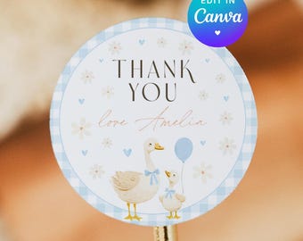 Silly Goose Baby Shower Sticker. Little Goose Printable Favor Tag. Mother Goose Thank You Gift Tag. Blue Gingham Geese Birthday Theme. G2
