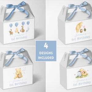 Winnie the Pooh Boy First Birthday Souvenir Ideas. Classic Pooh Gable Box Labels Party Favor. Printable 1st Birthday Goodie Box Labels. B4