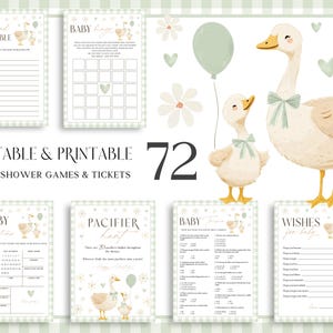 Jeux de baby shower « Silly Goose ». Coffret « Mère l&#39;Oie » à carreaux vichy, unisexe. Jeu de fête « Petite Oie » vert sauge, activités amusantes et modifiables (G3).