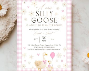 Silly Goose Baby Shower Pink Gingham Invitation. Girl Little Goose On The Loose Invite. Printable Spring Mother Geese Baby Sprinkle Party G6