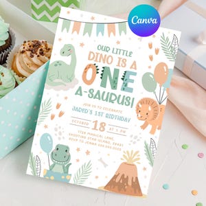 Pastel Dinosaur Birthday Invitation. One Cute Baby Dino 1st Birthday Invite. Printable Greenery Boy Modern Digital Kid First Party Theme.