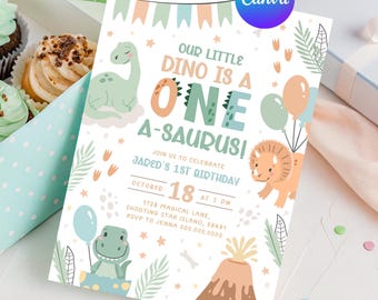 Pastel Dinosaur Birthday Invitation. One Cute Baby Dino 1st Birthday Invite. Printable Greenery Boy Modern Digital Kid First Party Theme. D2