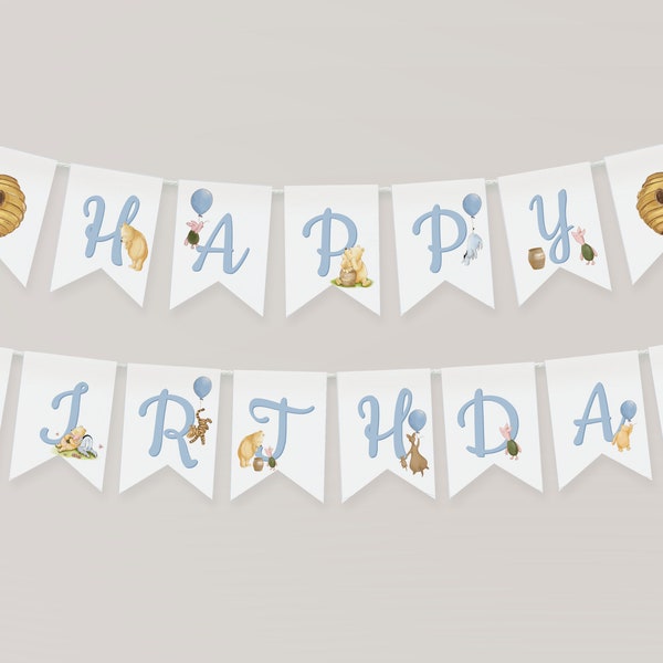 Vintage Pooh Happy 1st Birthday Banners. Classic Winnie the Pooh Party Supplies. Blue Boys Birthday Garland. First Birthday Decorations. B4